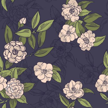 El çizimi kamelya çiçekleri. Vektörsüz desen. 