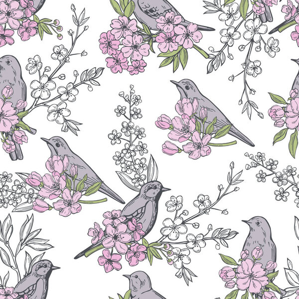 Hand drawn spring flowers and birds. Vector seamless pattern