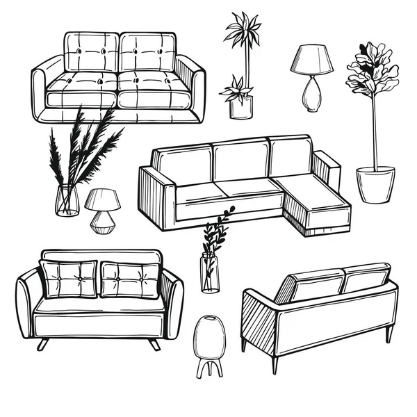 Muebles Lámparas Plantas Dibujadas Mano Para Hogar Fondo Vectorial — Vector de stock