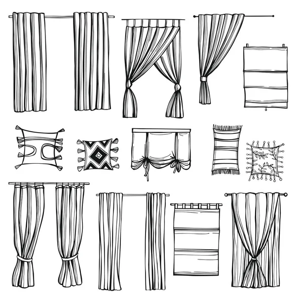 Cortinas Cortadas Mano Para Ventanas Dibujo Vectorial Ilustración — Archivo Imágenes Vectoriales