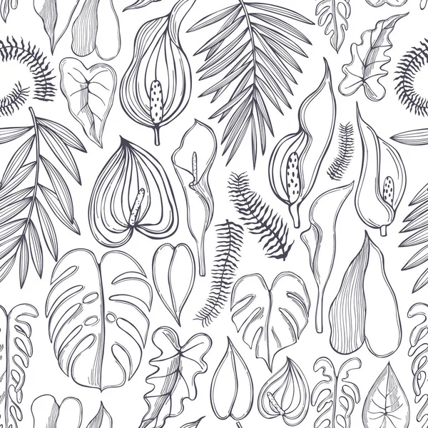 Folhas Tropicais Desenhadas Mão Flores Padrão Sem Costura Vetorial — Vetor de Stock