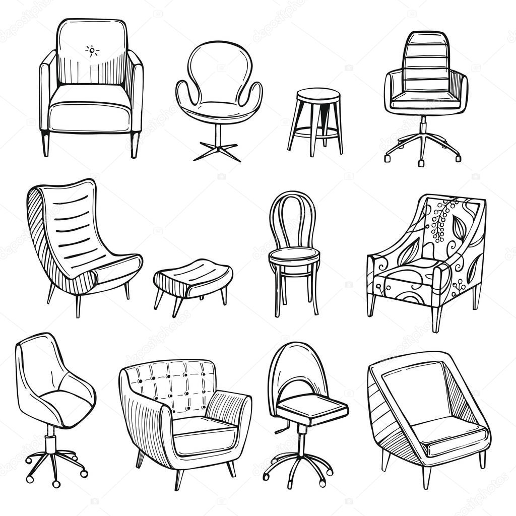 Hand drawn office chairs and armchairs. Vector sketch illustration.