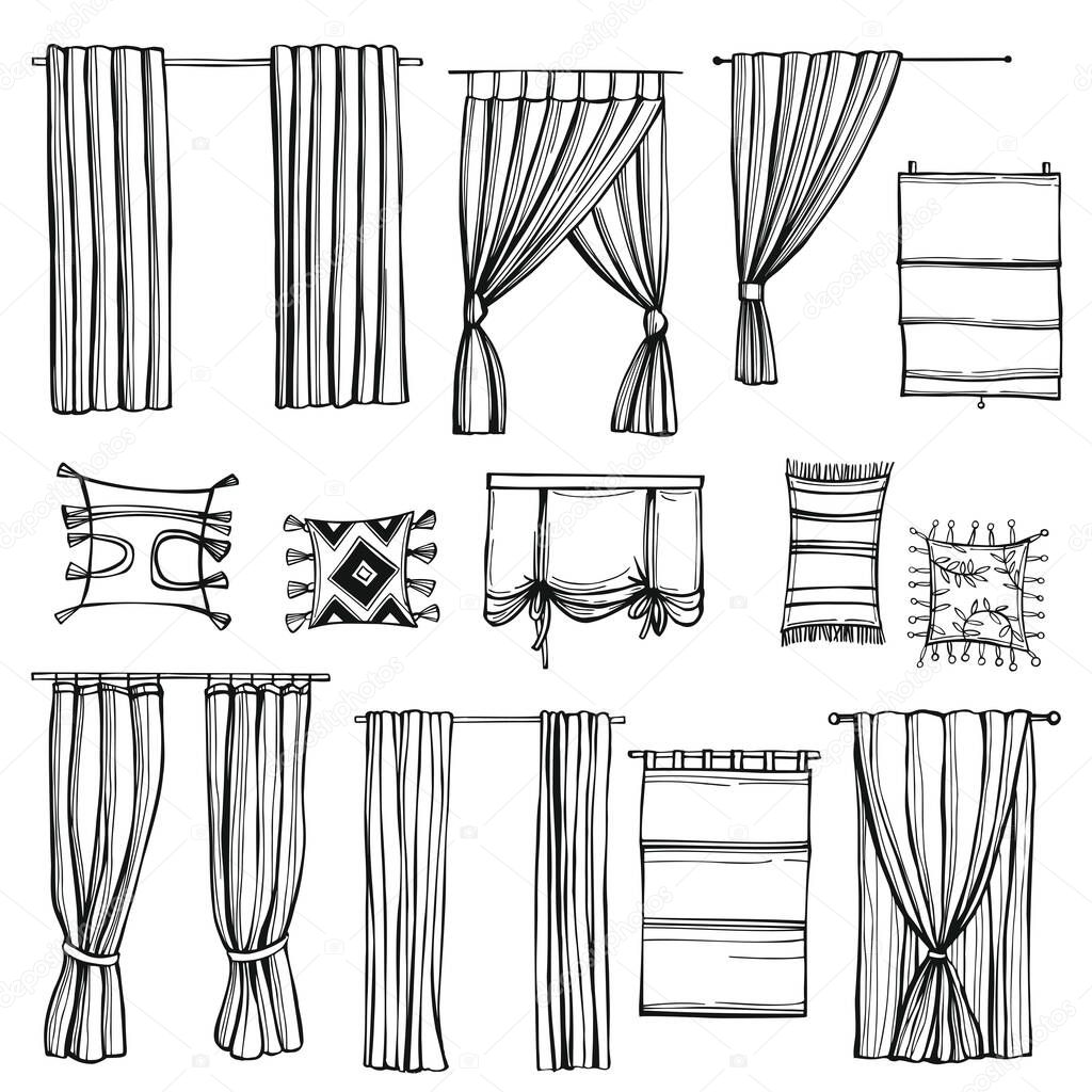 Hand drawn curtains for windows. Vector sketch  illustration.