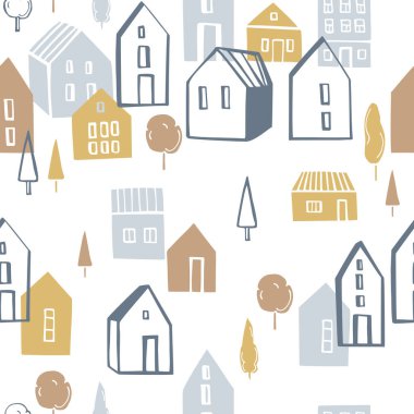 Beyaz arka planda küçük evleri olan sorunsuz vektör deseni.