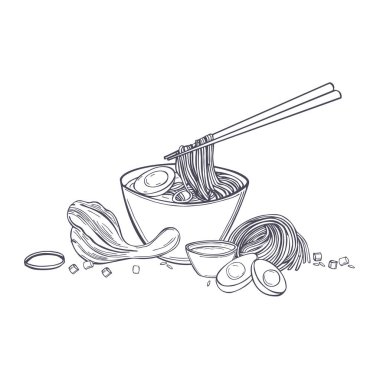 El yapımı Asya erişte çorbası. Ramen hazır. Vektör çizimi çizimi. 