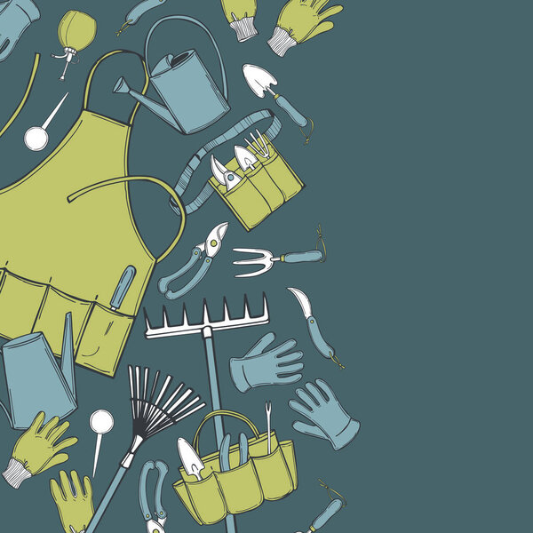 Векторный фон с садовыми инструментами. Рисунок.