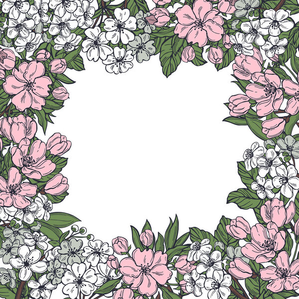 Hand drawn spring cherry and apple flowers. Vector background. Sketch  illustration.