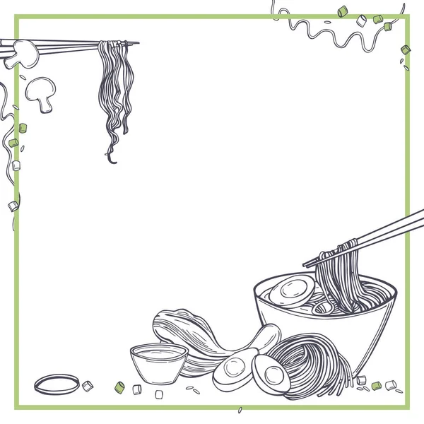 Zuppa Spaghetti Asiatici Disegnati Mano Ramen Pronto Esperienza Vettoriale Illustrazione — Vettoriale Stock