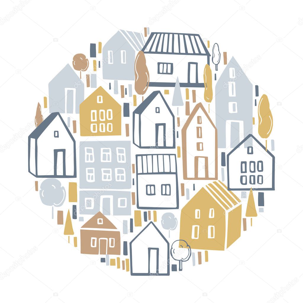 Vector background with cute small houses. 