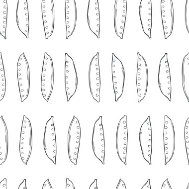 Beyaz arka planda el yapımı taze bezelye kabukları. Vektörsüz desen.