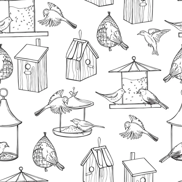 Hand Drawn Bird Feeders Birdhouses Birds Vector Seamless Pattern — Stock Vector