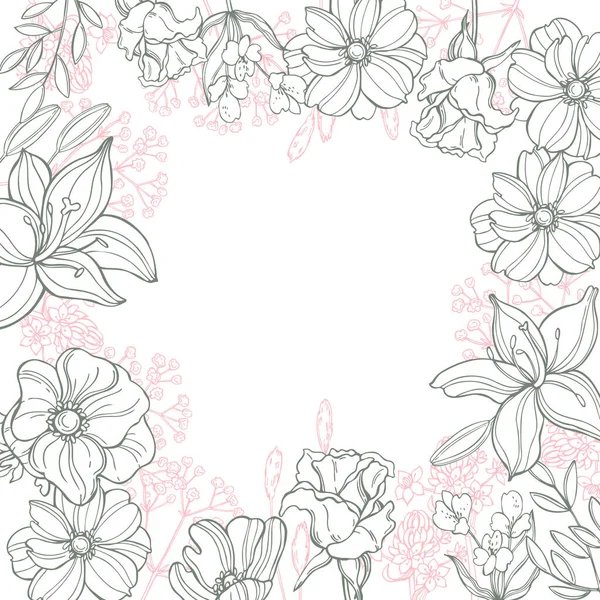 Floraler Hintergrund Mit Handgezeichneten Blumen Und Blättern Vektorskizze Als Illustration — Stockvektor