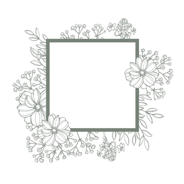 Floral Vector Frame Hand Drawn Flowers Leaves — Stock Vector