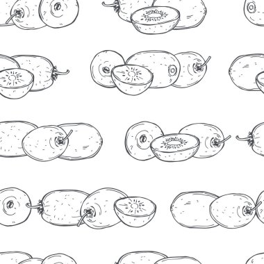 Beyaz arka planda el çizimi kivi meyveleri. Vektör pürüzsüz desen. 