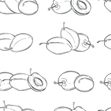 El yapımı erikler. Beyaz arka planda meyveler. Vektörsüz desen. 