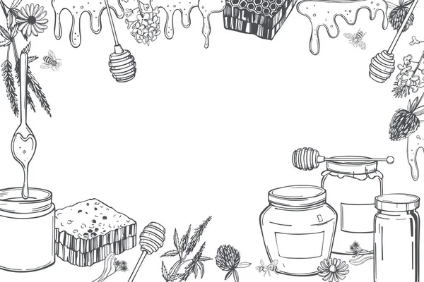 手描きの蜂蜜セット スケッチイラスト ベクトル背景 — ストックベクタ