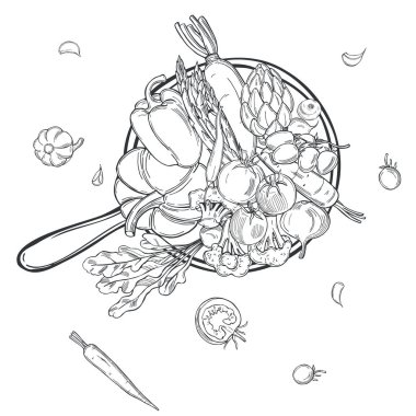 Beyaz arka planda el yapımı sebzeler. Vektör çizimi çizimi.