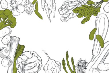 Elle çizilmiş sebzeli vektör arkaplan. Çizim çizimi.  