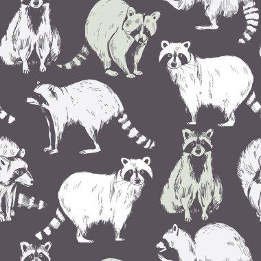 Hand drawn raccoons. Vector seamless pattern