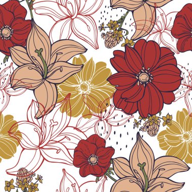 Floral background.  Vector seamless pattern with hand drawn flowers