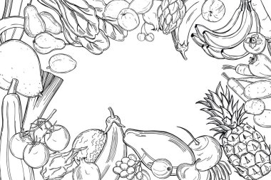 Elle çizilmiş sebze ve meyveli vektör arkaplan. Çizim çizimi.  