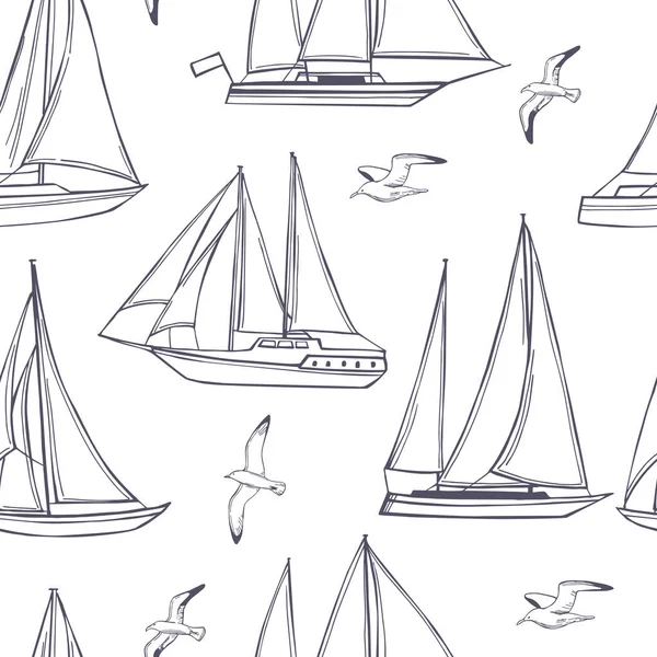 Vector Seamless Pattern Hand Drawn Yachts — Stock Vector