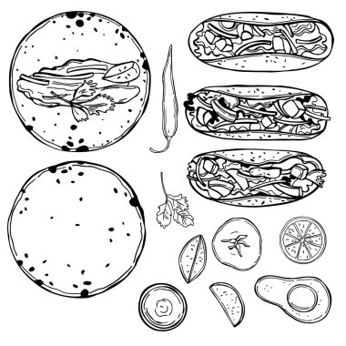 El yapımı taco seti. Geleneksel Meksika fast food 'u. Vektör çizimi çizimi.