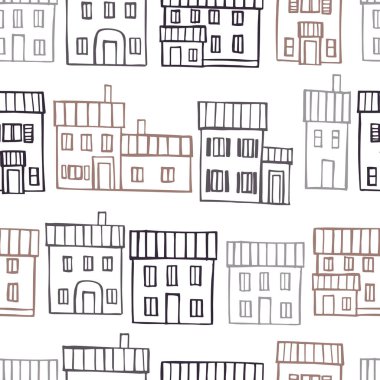 El çizimi şirin evler. Vektörsüz desen.