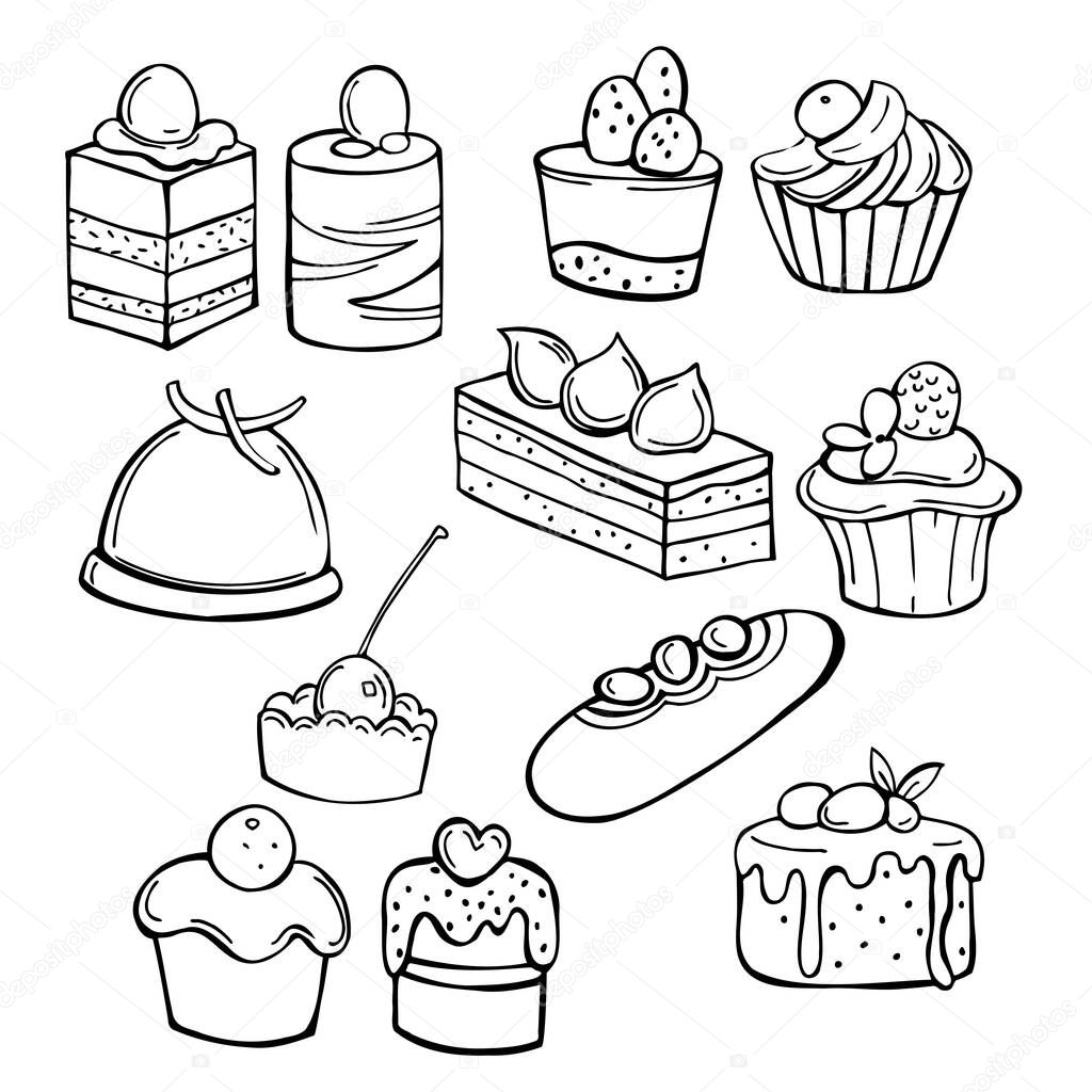 Bakery products. Cakes and cupcakes. Vector sketch  illustration.