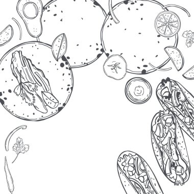 El yapımı taco seti. Geleneksel Meksika fast food. Vektör geçmişi. Çizim çizimi.