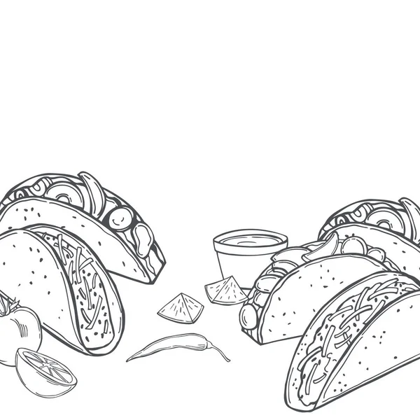 Handgezeichnete Tacos Set Traditionelles Mexikanisches Fast Food Skizzenillustration — Stockvektor