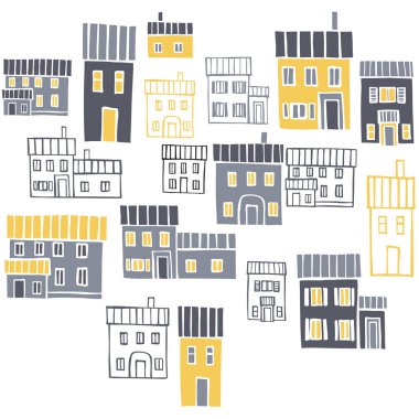 Elle çizilmiş evleri olan vektör arkaplan. Çizim çizimi.