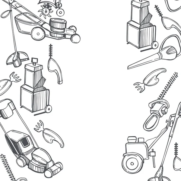 Equipamento Jardim Elétrico Desenhado Mão Fundo Vetorial Desenho Ilustração —  Vetores de Stock