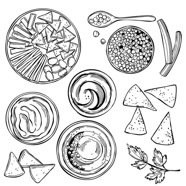 手工绘制的鹰嘴豆烹饪和配料 中东菜 地中海食物 矢量草图说明 — 图库矢量图片
