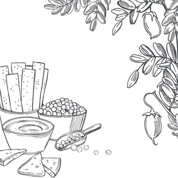 Cottura Hummus Disegnato Mano Ingredienti Hummus Cucina Mediorientale Cibo Mediterraneo — Vettoriale Stock