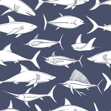 El yapımı balık ve köpekbalıkları. Vektörsüz desen. 