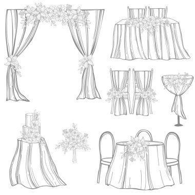 El yapımı düğün seti. Çiçekler, pastalar, kemerler, masalar için dekorasyon, gelin buketi. Vektör çizimi çizimi.