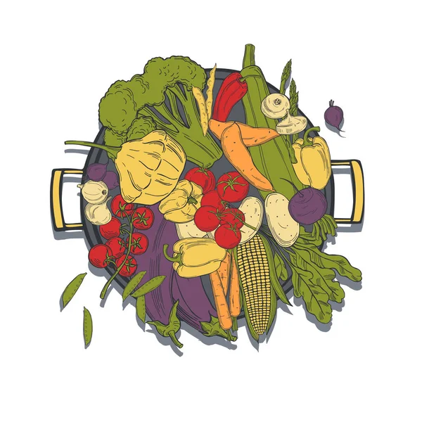 Verduras Hechas Mano Una Sartén Sobre Fondo Blanco Dibujo Vectorial — Vector de stock