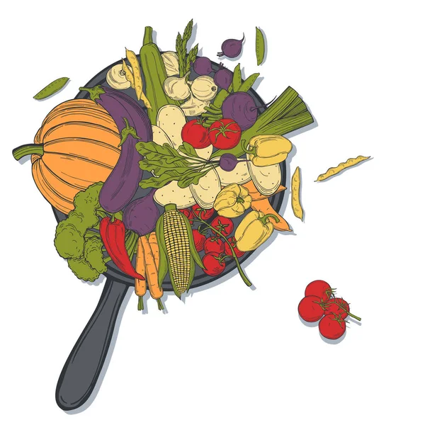 Verduras Hechas Mano Una Sartén Sobre Fondo Blanco Dibujo Vectorial — Vector de stock