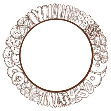 Elle çizilmiş kurumuş meyveli vektör çerçevesi Sketch çizimi.