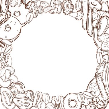 El yapımı kurutulmuş meyve ve fındık. Çizim çizimi. Vektör arkaplanı.