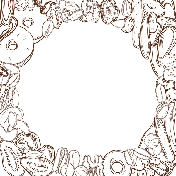 El yapımı kurutulmuş meyve ve fındık. Çizim çizimi. Vektör arkaplanı.