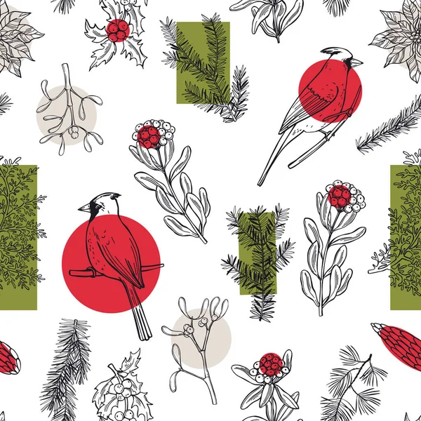 手描きの植物や鳥とベクトルクリスマスシームレスパターン スケッチイラスト — ストックベクタ