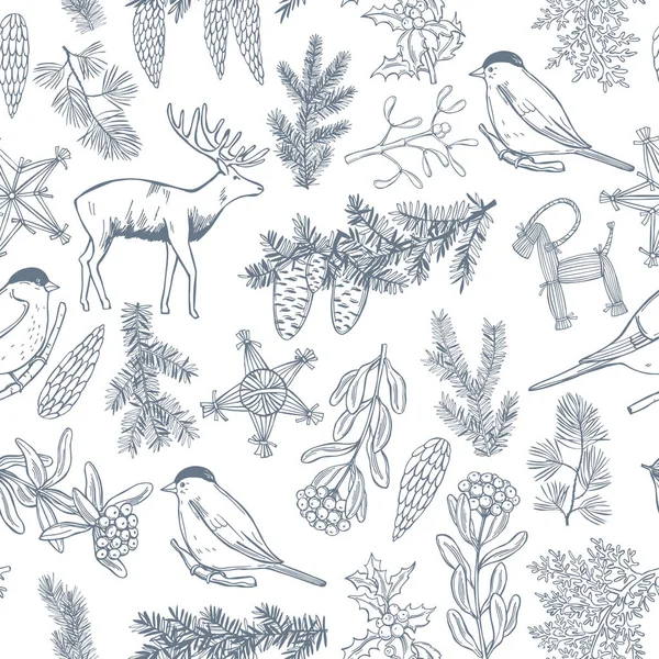 Modèle Sans Couture Vectoriel Avec Des Plantes Des Oiseaux Dessinés — Image vectorielle