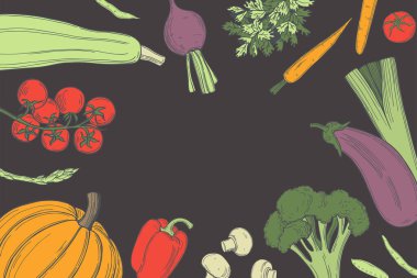 El yapımı sebzeler. Vektör arkaplanı. Çizim çizimi.  