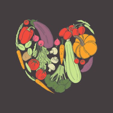 Hand drawn heart of vegetables.  Vector sketch  illustration.  