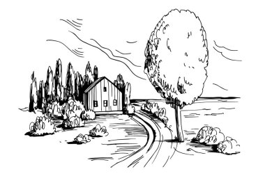 Hand drawn  landscape with house and tree. Vector sketch  illustration.