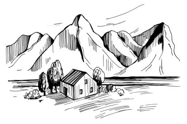 Hand drawn  landscape with house and mountains. Vector sketch  illustration.