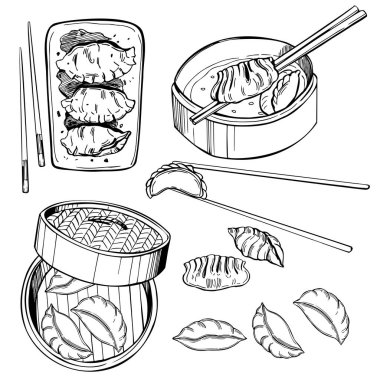 Hand drawn dim sum set. Vector sketch  illustration.