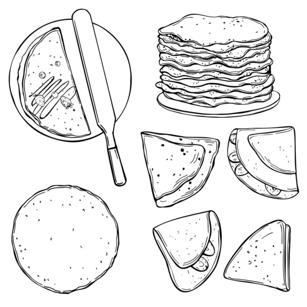 Crepes Dibujados Mano Panqueques Finos Dibujo Vectorial Ilustración — Vector de stock